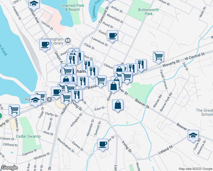 map of restaurants, bars, coffee shops, grocery stores, and more near 11 Blandin Avenue in Framingham