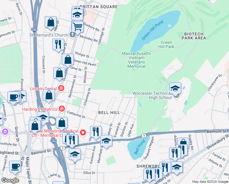 map of restaurants, bars, coffee shops, grocery stores, and more near 24 Hermitage Lane in Worcester