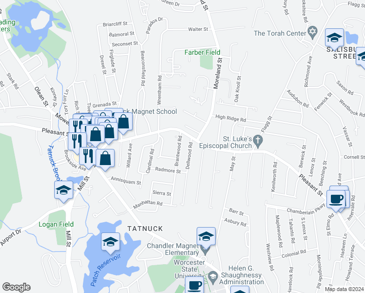 map of restaurants, bars, coffee shops, grocery stores, and more near 28 Brantwood Road in Worcester