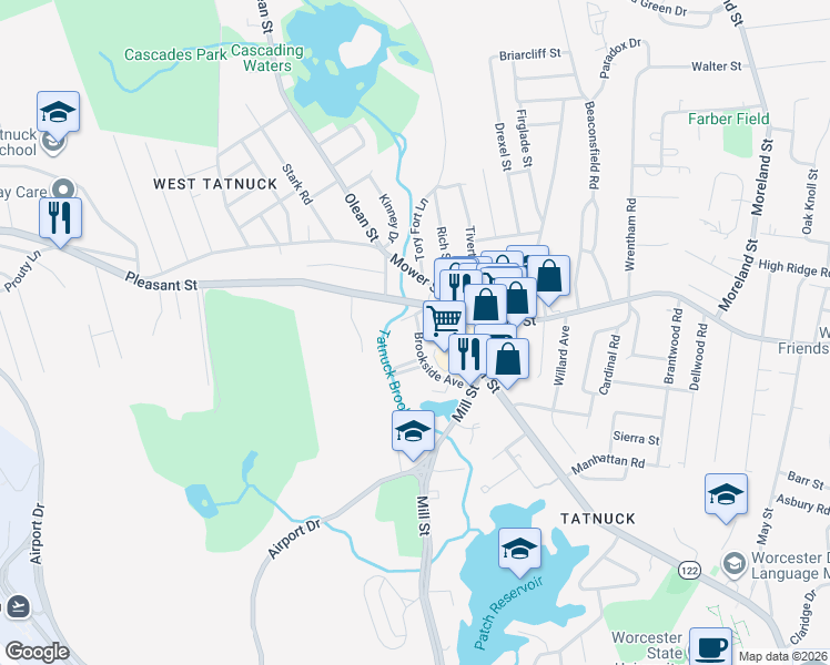 map of restaurants, bars, coffee shops, grocery stores, and more near 5 Mapleleaf Road in Worcester