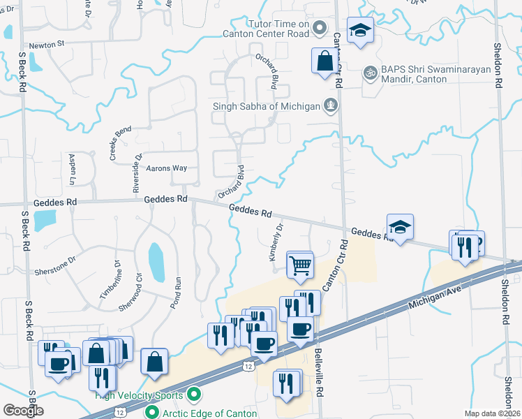 map of restaurants, bars, coffee shops, grocery stores, and more near 45912 Geddes Road in Canton