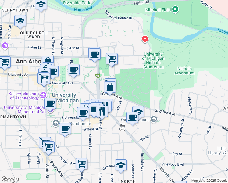 map of restaurants, bars, coffee shops, grocery stores, and more near 1341 Geddes Avenue in Ann Arbor