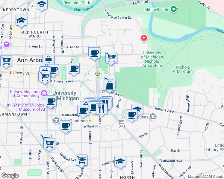 map of restaurants, bars, coffee shops, grocery stores, and more near 1341 Geddes Avenue in Ann Arbor