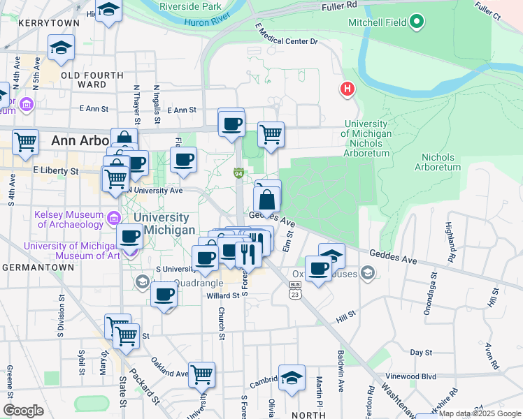 map of restaurants, bars, coffee shops, grocery stores, and more near 1341 Geddes Avenue in Ann Arbor