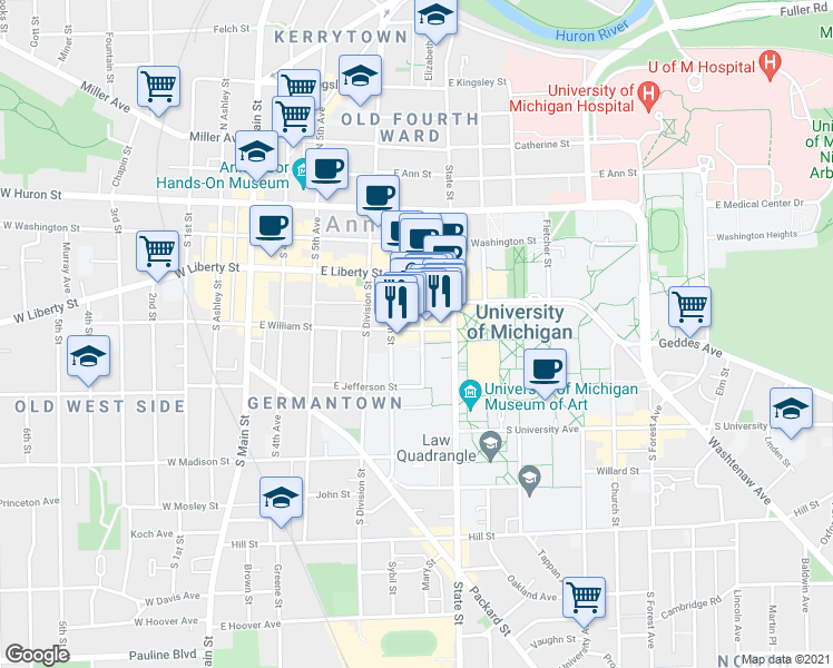 map of restaurants, bars, coffee shops, grocery stores, and more near 402 Maynard Street in Ann Arbor