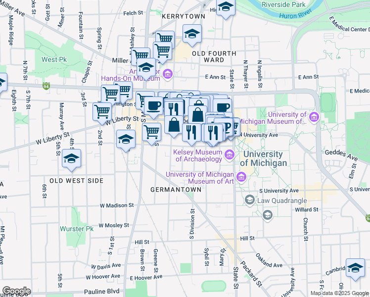 map of restaurants, bars, coffee shops, grocery stores, and more near 407 Hamilton Place in Ann Arbor