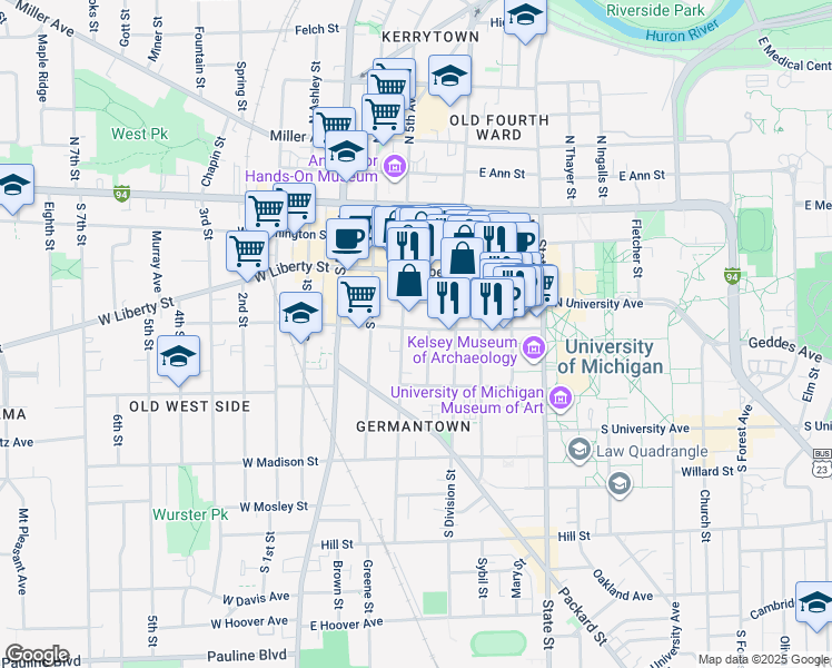map of restaurants, bars, coffee shops, grocery stores, and more near 407 Hamilton Place in Ann Arbor