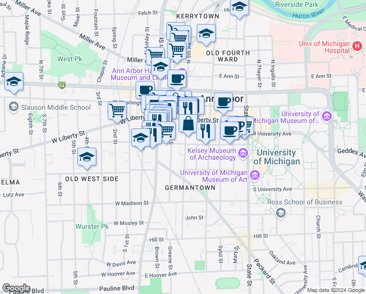 map of restaurants, bars, coffee shops, grocery stores, and more near 406 South 5th Avenue in Ann Arbor