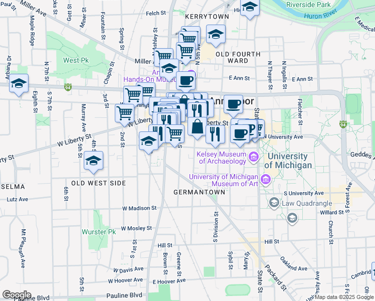 map of restaurants, bars, coffee shops, grocery stores, and more near 406 South 5th Avenue in Ann Arbor
