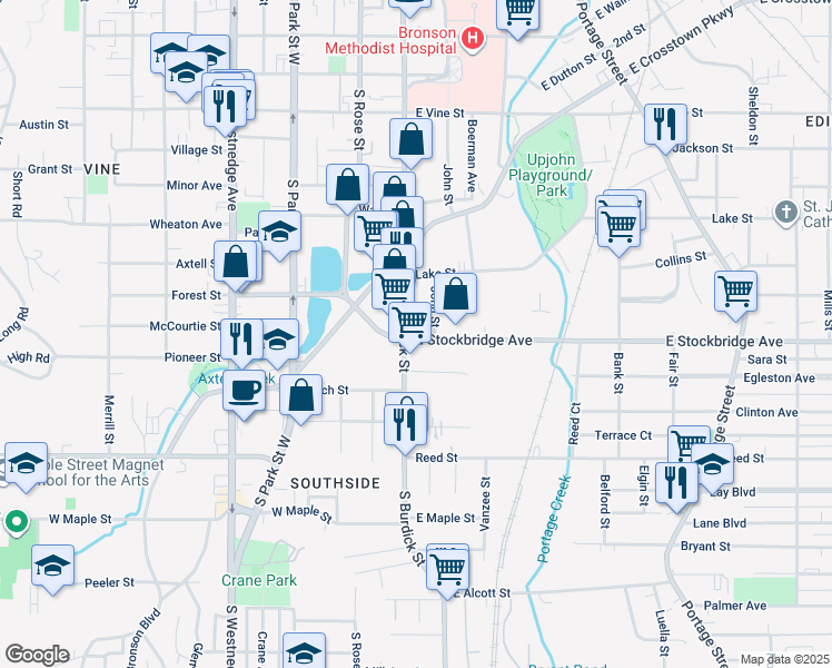 map of restaurants, bars, coffee shops, grocery stores, and more near 112 East Stockbridge Avenue in Kalamazoo