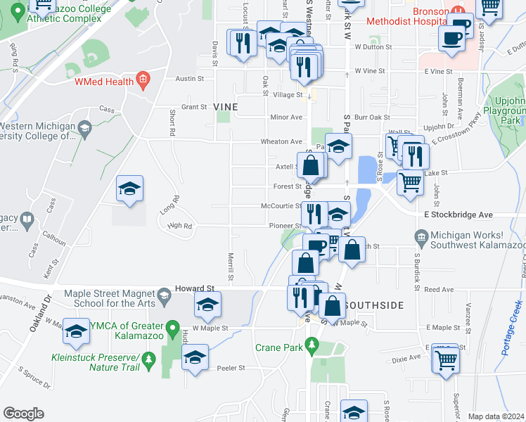 map of restaurants, bars, coffee shops, grocery stores, and more near 719 McCourtie Street in Kalamazoo