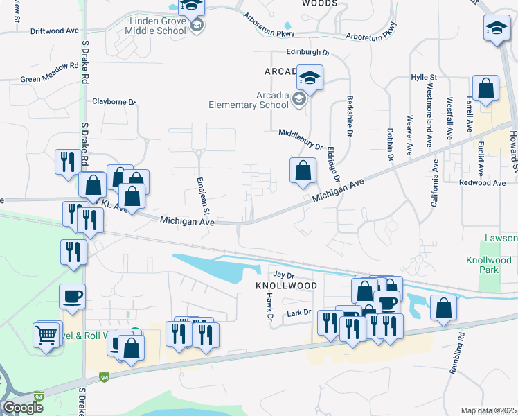 map of restaurants, bars, coffee shops, grocery stores, and more near 3900 West Michigan Avenue in Kalamazoo