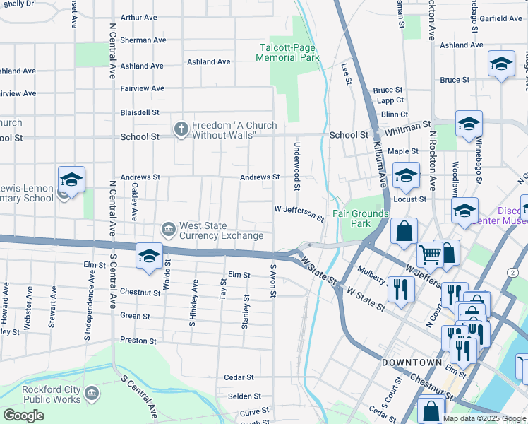 map of restaurants, bars, coffee shops, grocery stores, and more near 1121 Avon Court in Rockford