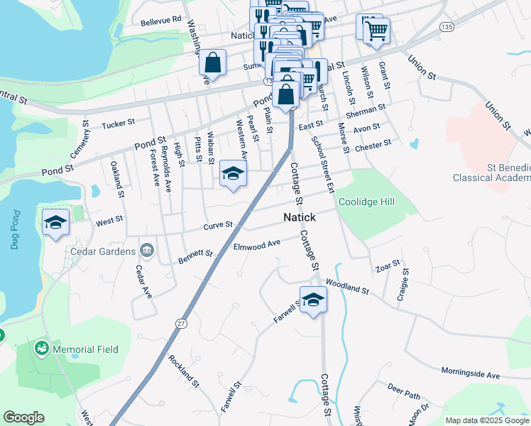 map of restaurants, bars, coffee shops, grocery stores, and more near 24 Walcott Street in Natick