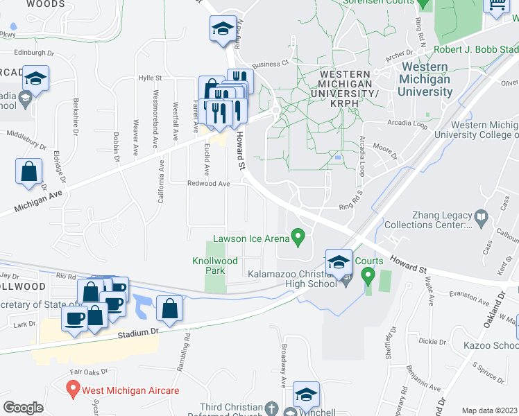 map of restaurants, bars, coffee shops, grocery stores, and more near 1326 Knollwood Avenue in Kalamazoo