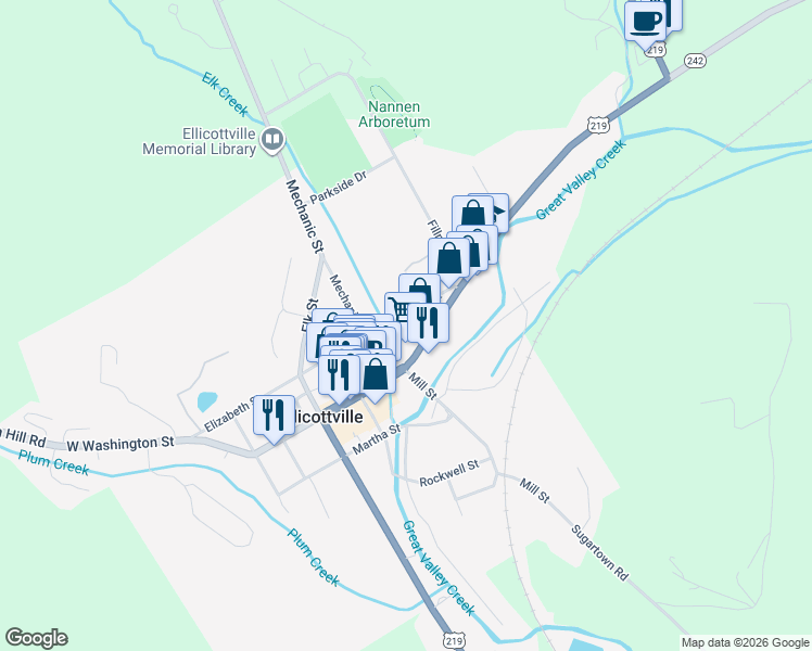 map of restaurants, bars, coffee shops, grocery stores, and more near 8 Washington Street in Ellicottville