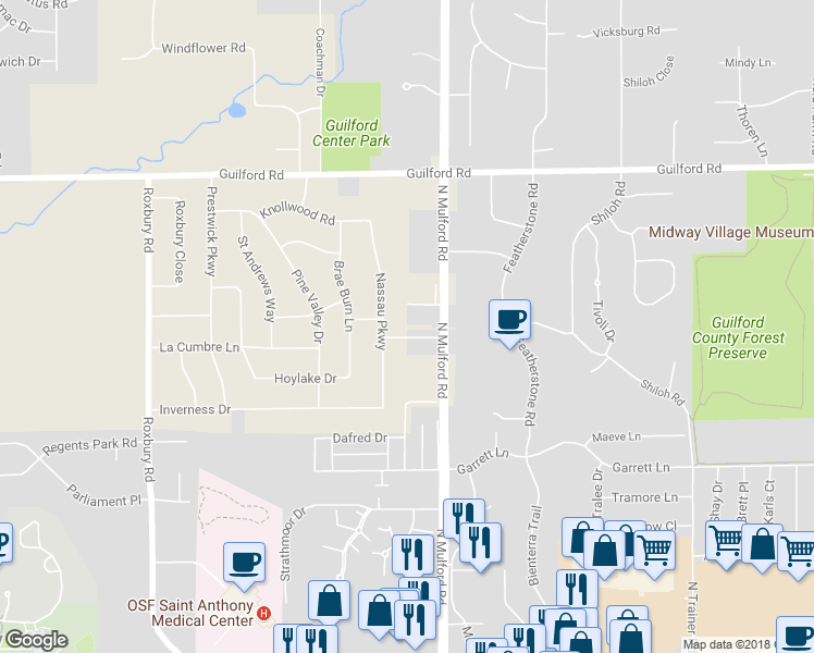 map of restaurants, bars, coffee shops, grocery stores, and more near 5924 Apawamis Way in Rockford