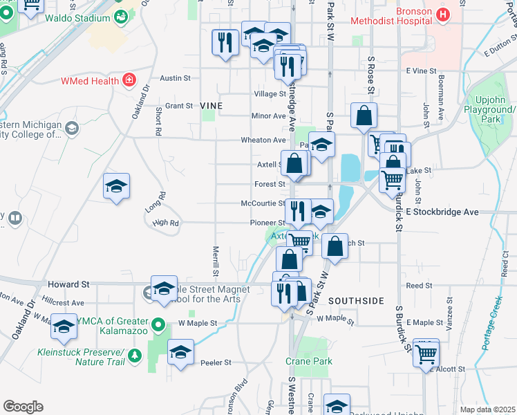map of restaurants, bars, coffee shops, grocery stores, and more near 619 McCourtie Street in Kalamazoo