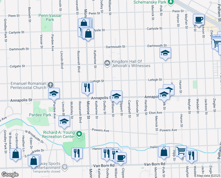 map of restaurants, bars, coffee shops, grocery stores, and more near 4490 Williams Street in Dearborn Heights