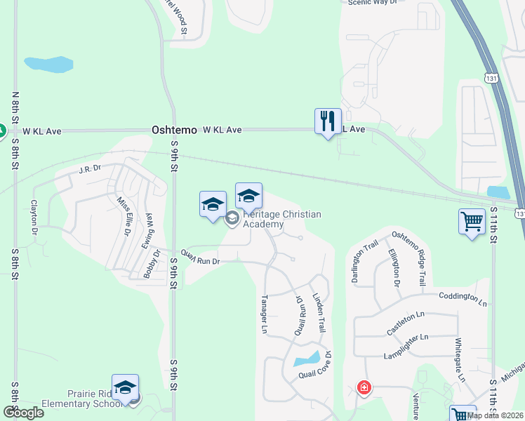 map of restaurants, bars, coffee shops, grocery stores, and more near 1213 Tanager Lane in Kalamazoo