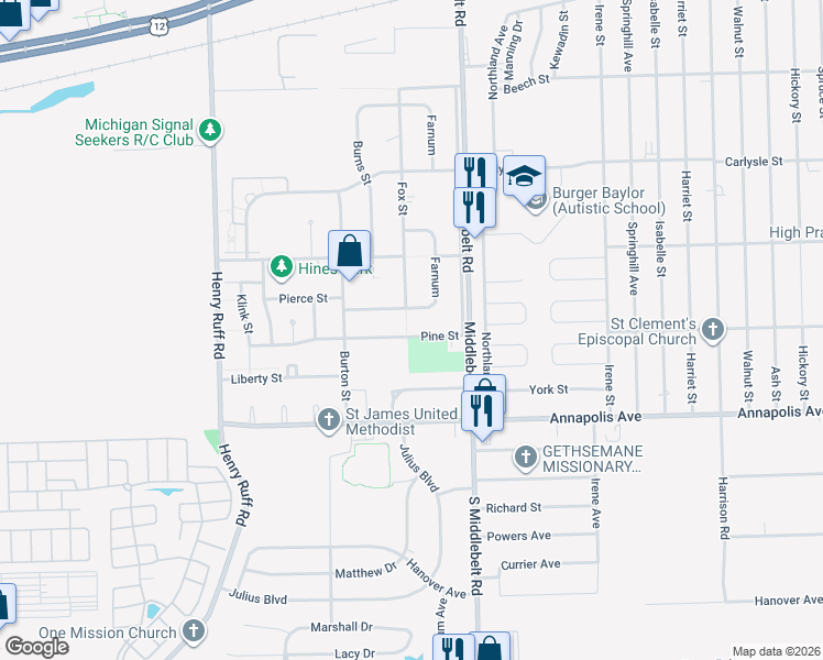 map of restaurants, bars, coffee shops, grocery stores, and more near 29618 Pine Street in Inkster