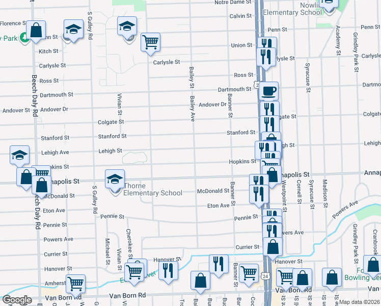 map of restaurants, bars, coffee shops, grocery stores, and more near 24619 Lehigh Street in Dearborn Heights