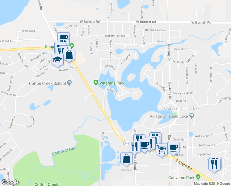 map of restaurants, bars, coffee shops, grocery stores, and more near 210 Island Drive in Island Lake