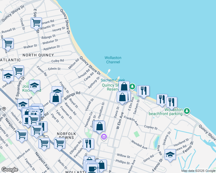 map of restaurants, bars, coffee shops, grocery stores, and more near 677 Quincy Shore Drive in Quincy