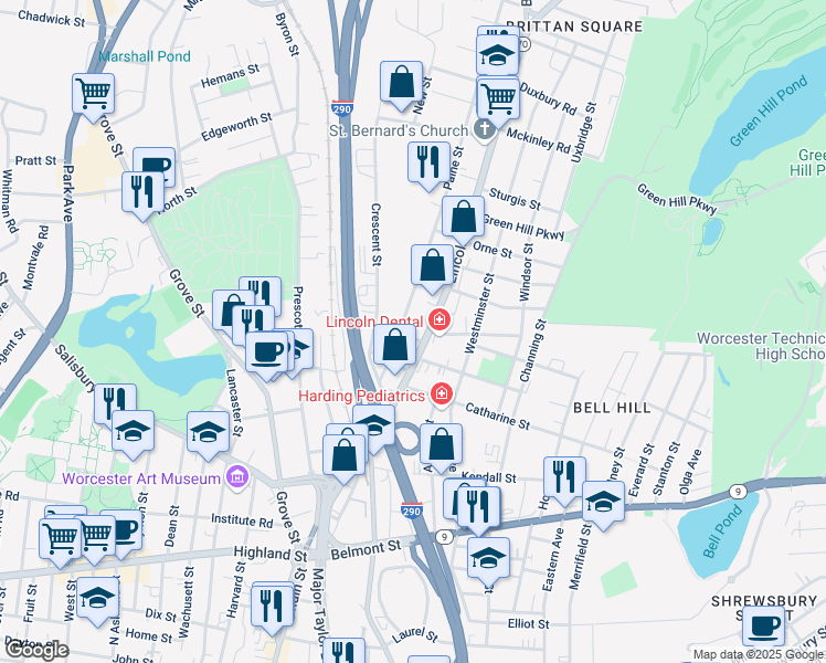map of restaurants, bars, coffee shops, grocery stores, and more near in Worcester