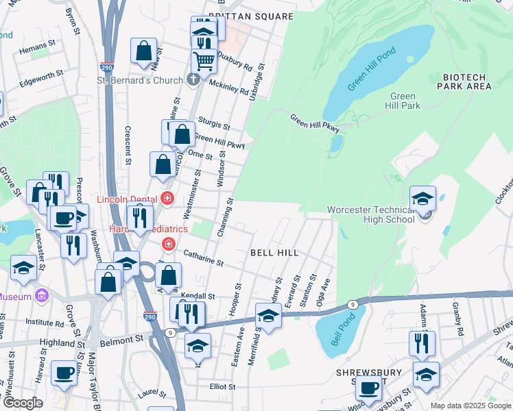 map of restaurants, bars, coffee shops, grocery stores, and more near 10 Hermitage Lane in Worcester