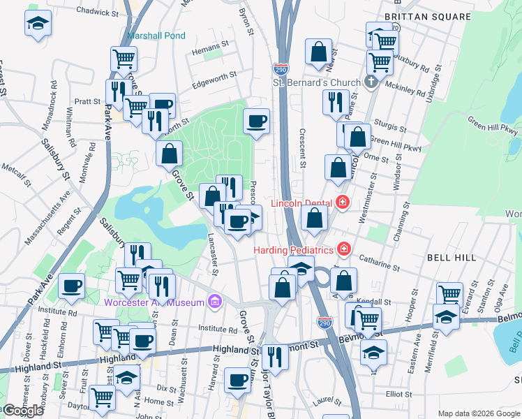 map of restaurants, bars, coffee shops, grocery stores, and more near 100 Prescott Street in Worcester