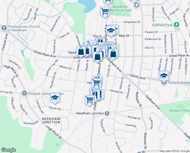 map of restaurants, bars, coffee shops, grocery stores, and more near 165 Chestnut Street in Needham