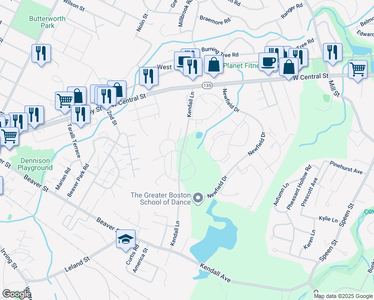 map of restaurants, bars, coffee shops, grocery stores, and more near 44 Village Brook Lane in Natick