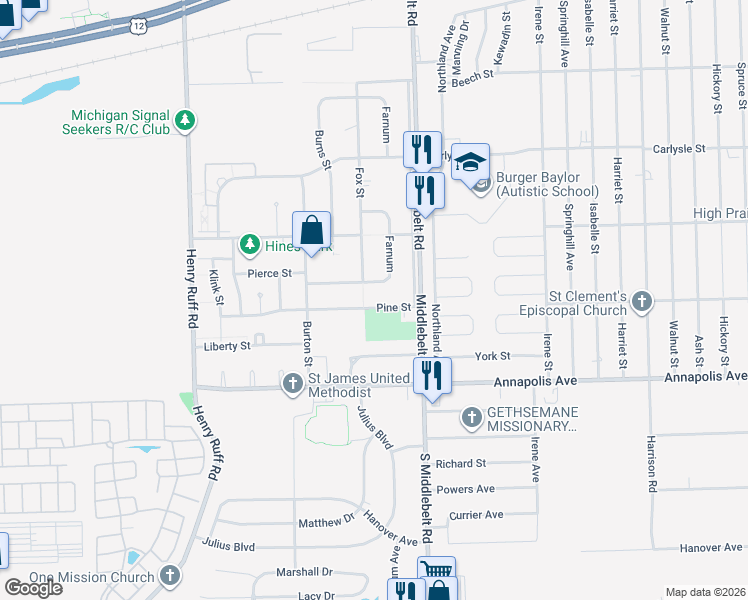 map of restaurants, bars, coffee shops, grocery stores, and more near 29618 Pine Street in Inkster