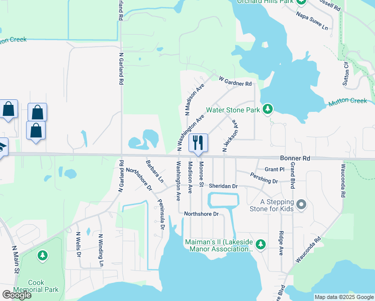 map of restaurants, bars, coffee shops, grocery stores, and more near 25466 West Bonner Road in Wauconda