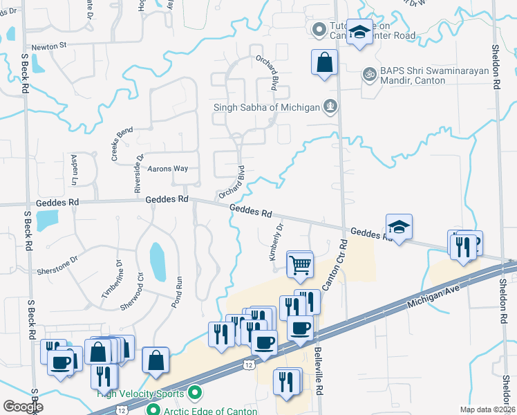 map of restaurants, bars, coffee shops, grocery stores, and more near 45912 Geddes Road in Wayne County