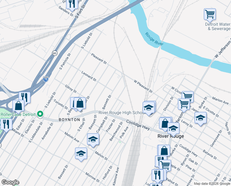 map of restaurants, bars, coffee shops, grocery stores, and more near 1145 Bassett Street in Detroit