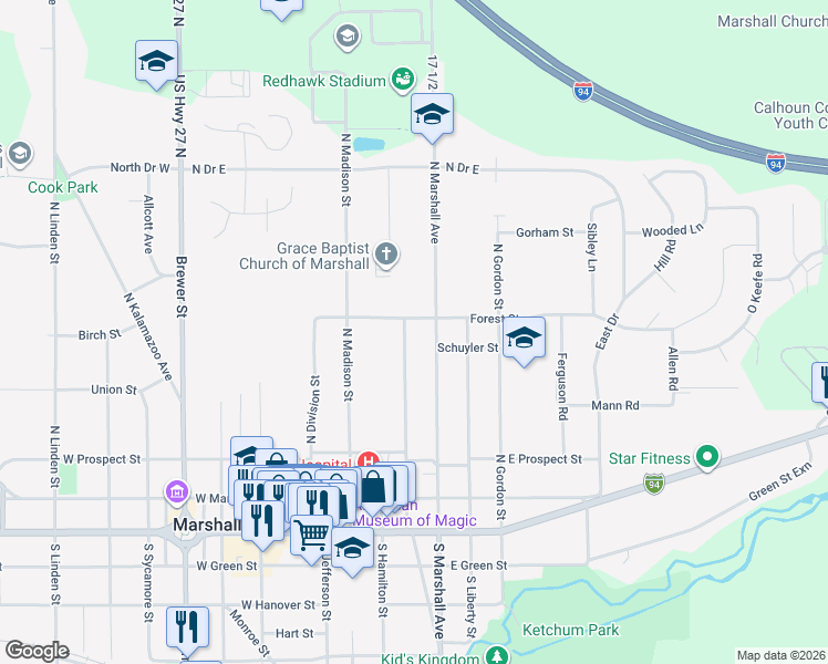 map of restaurants, bars, coffee shops, grocery stores, and more near 420 High Street in Marshall