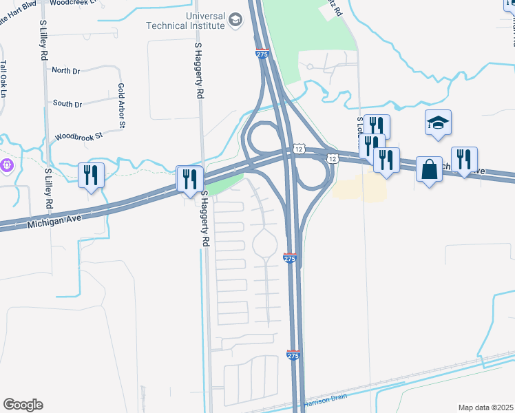 map of restaurants, bars, coffee shops, grocery stores, and more near 41021 Michigan Avenue in Canton