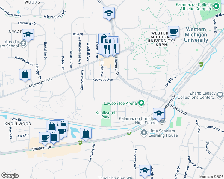 map of restaurants, bars, coffee shops, grocery stores, and more near 1324 Lafayette Avenue in Kalamazoo