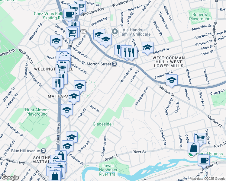 map of restaurants, bars, coffee shops, grocery stores, and more near 105 West Selden Street in Boston