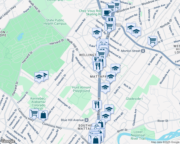 map of restaurants, bars, coffee shops, grocery stores, and more near 46 Mattapan Street in Boston