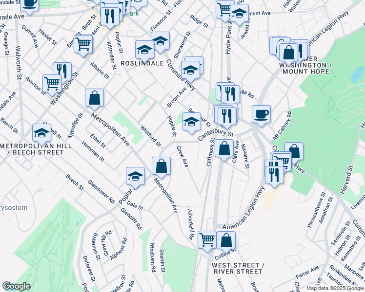 map of restaurants, bars, coffee shops, grocery stores, and more near 26 Grew Avenue in Boston