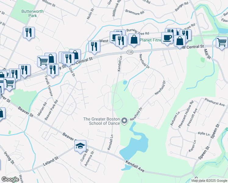 map of restaurants, bars, coffee shops, grocery stores, and more near 2 Village Hill Lane in Natick