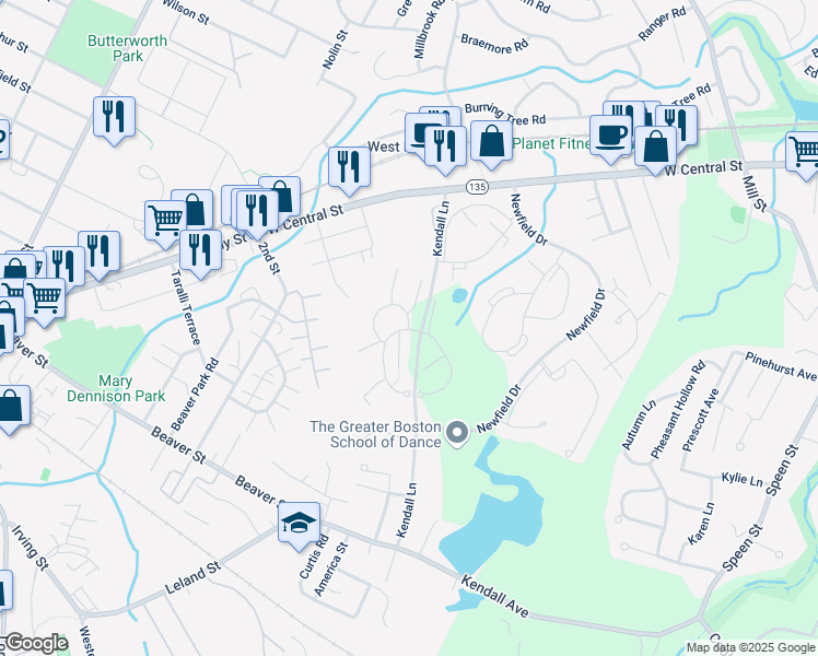 map of restaurants, bars, coffee shops, grocery stores, and more near 2 Village Hill Lane in Natick