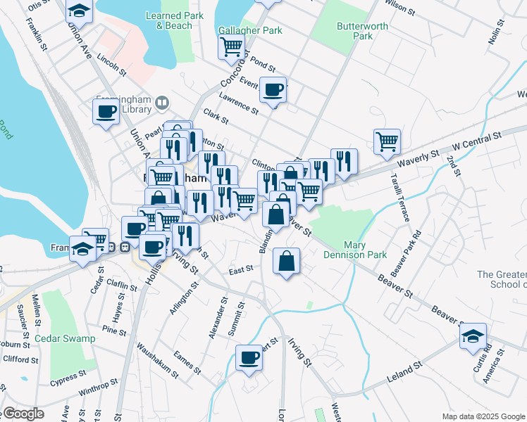 map of restaurants, bars, coffee shops, grocery stores, and more near 11 Blandin Avenue in Framingham