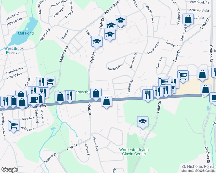 map of restaurants, bars, coffee shops, grocery stores, and more near 22 Williamsburg Court in Shrewsbury
