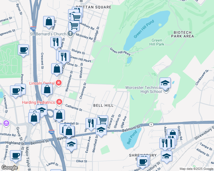 map of restaurants, bars, coffee shops, grocery stores, and more near 24 Hermitage Lane in Worcester