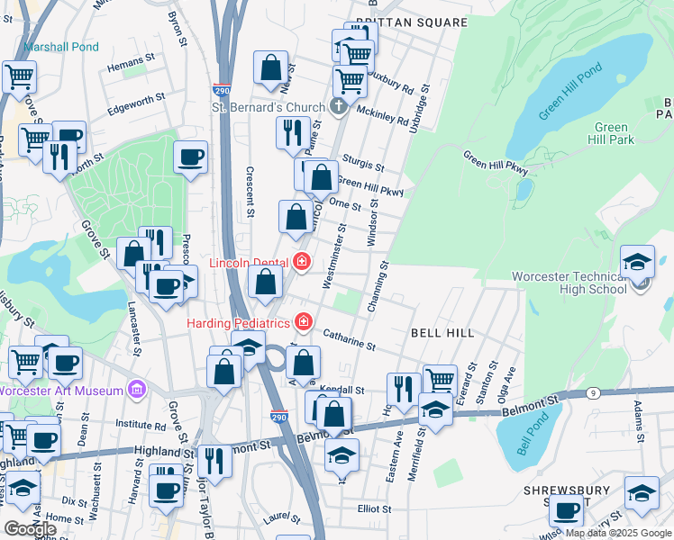 map of restaurants, bars, coffee shops, grocery stores, and more near 21 Westminster Street in Worcester