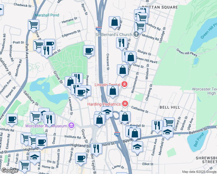 map of restaurants, bars, coffee shops, grocery stores, and more near 3 Frederick Street in Worcester